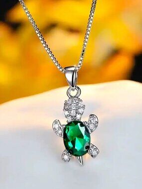 “Just Keep Swimming” Green Turtle Ocean Diamond Sterling Silver Gift Necklace